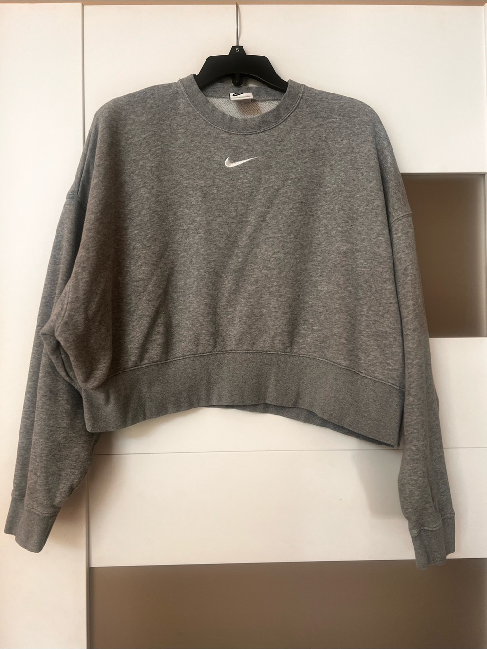 Nike Gray Cropped Crew Sweatshirt with White Swoosh
